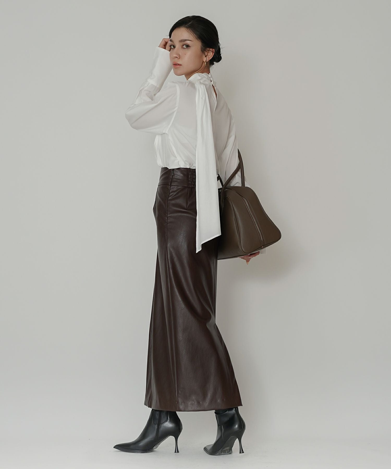 Azzedine Alaia レザースカート　ダークブラウン Azzedine Alaia Vintage Leather Ruffle Black Pencil Skirt 90s Y2k