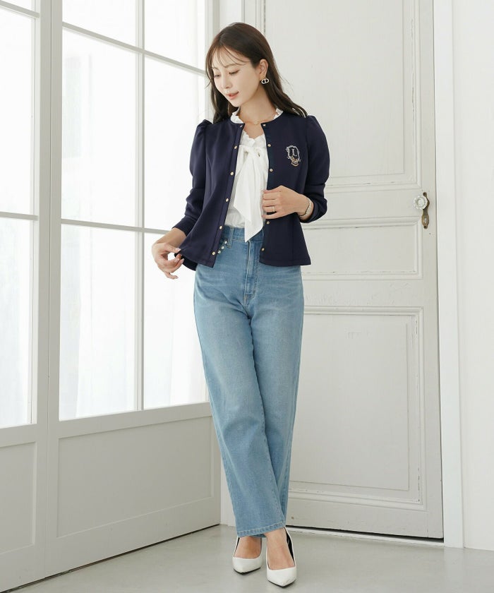 カーディガンレディースダンボールニットトップスクルーネックゴールドボタン木馬刺繍エンブレム刺繍フレアラインパネルライン袖口カフスパフスリーブスラッシュポケット羽織りトップス肩掛けリンク親子コーデ