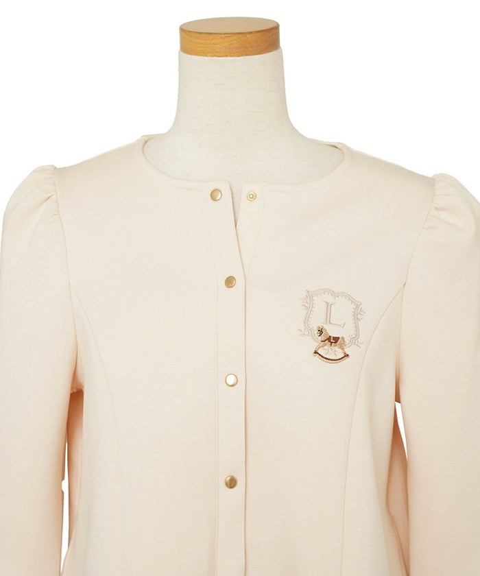 カーディガンレディースダンボールニットトップスクルーネックゴールドボタン木馬刺繍エンブレム刺繍フレアラインパネルライン袖口カフスパフスリーブスラッシュポケット羽織りトップス肩掛けリンク親子コーデ