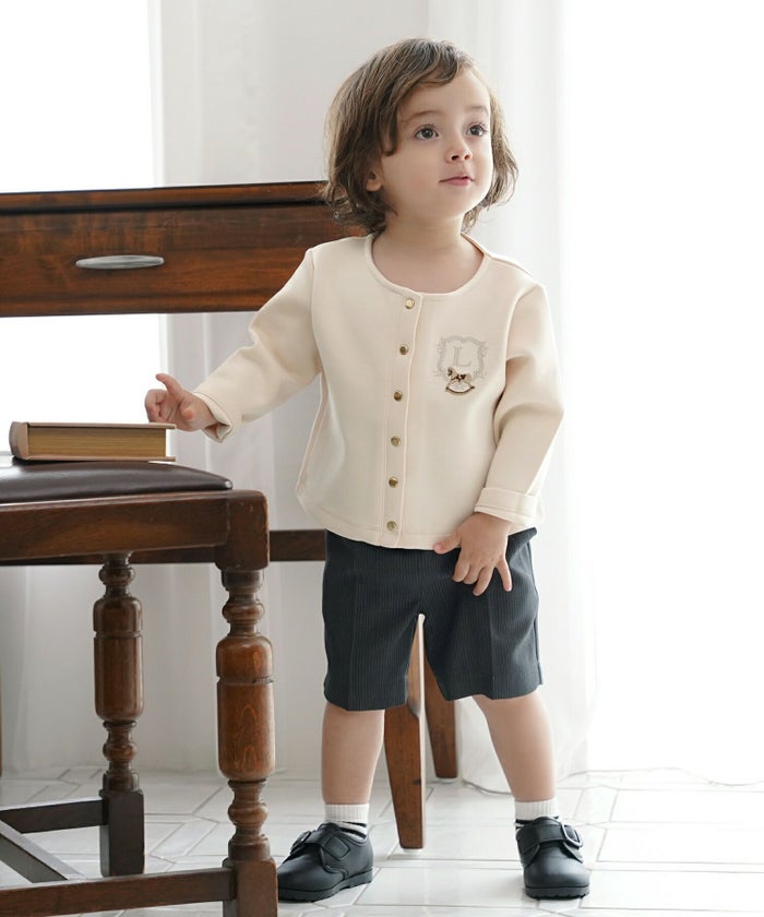 キッズカーディガン子供ダンボールニットトップスクルーネック木馬刺繍エンブレムゴールドボタン羽織りカーディガンフォーマルジャケットキッズフォーマルアイボリーベージュネイビー上品キッズウェアおしゃれ子供服成長応援ギフト80901001101202歳3歳4歳5歳6歳