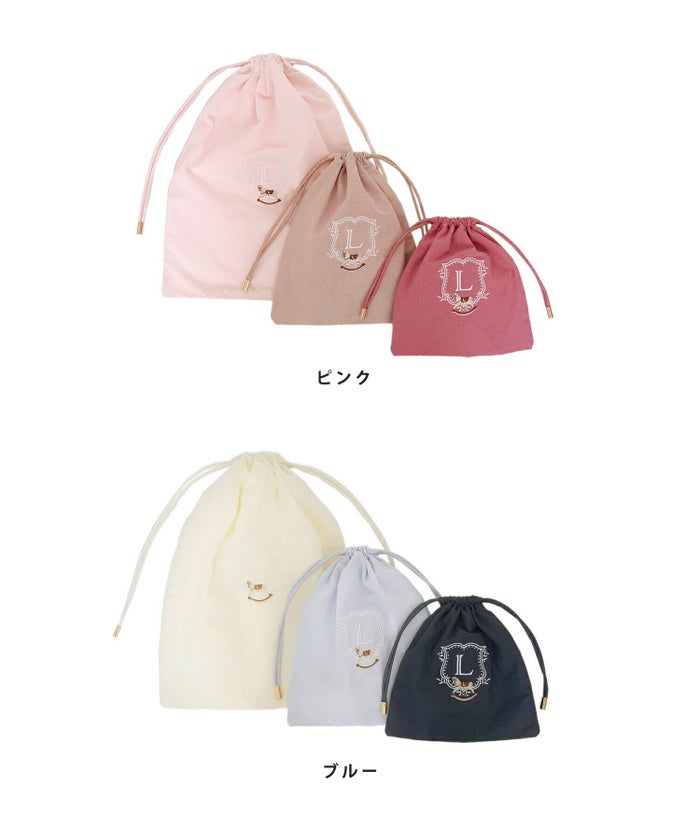 レディース小物ポーチ3点サイズSMLセット収納小分け多様巾着プレゼントギフト産前産後ママ子供木馬刺繍エンブレムフェミニン上品エレガントカジュアルピンクブルー女の子男の子オールシーズン