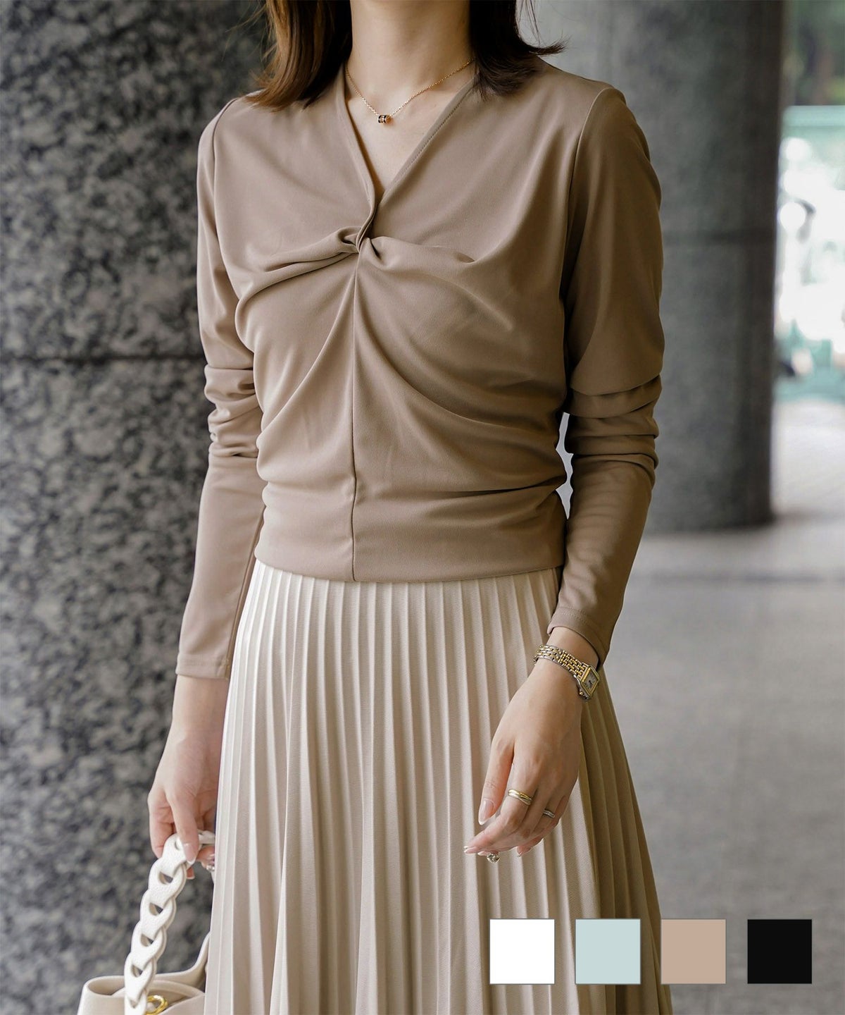 ツイスト トップス シンプル ドレープ カットソー プルオーバー オフィス アイボリー サックス モカ ブラック M 長袖 ツイスト トップス HUIT