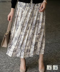 トワルドジュイ柄 プリーツ スカート レディース オールシーズン 総ゴム ミモレ丈 トワルドジュイ グレー ネイビー M トワルドジュイ柄 プリーツ スカート HUIT