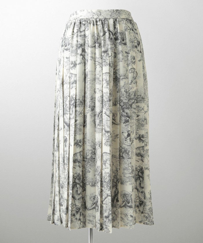 トワルドジュイ柄 プリーツ スカート レディース オールシーズン 総ゴム ミモレ丈 トワルドジュイ グレー/ネイビー/M