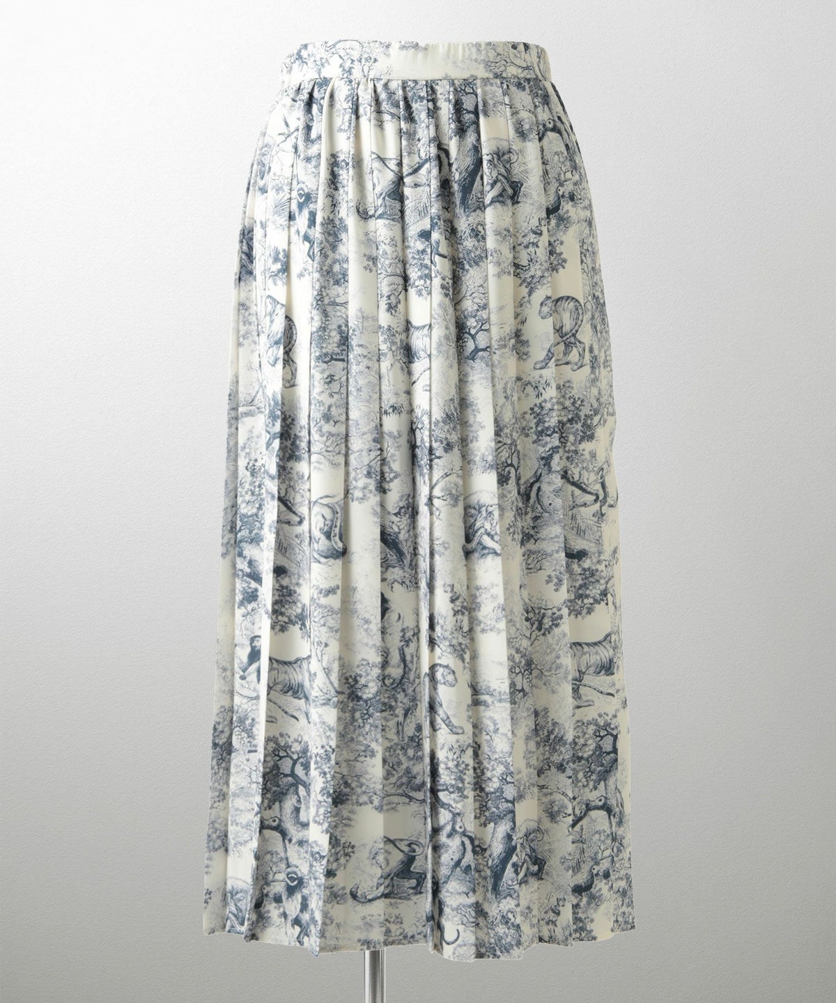 トワルドジュイ柄 プリーツ スカート レディース オールシーズン 総ゴム ミモレ丈 トワルドジュイ グレー/ネイビー/M