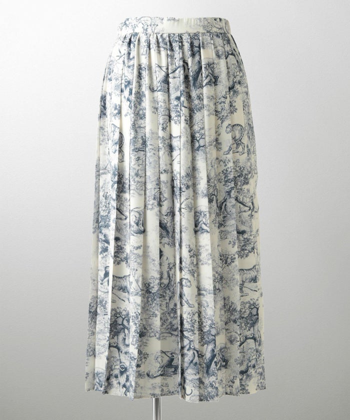 トワルドジュイ柄 プリーツ スカート レディース オールシーズン 総ゴム ミモレ丈 トワルドジュイ グレー/ネイビー/M