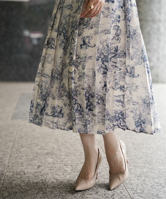 トワルドジュイ柄 プリーツ スカート レディース オールシーズン 総ゴム ミモレ丈 トワルドジュイ グレー/ネイビー/M