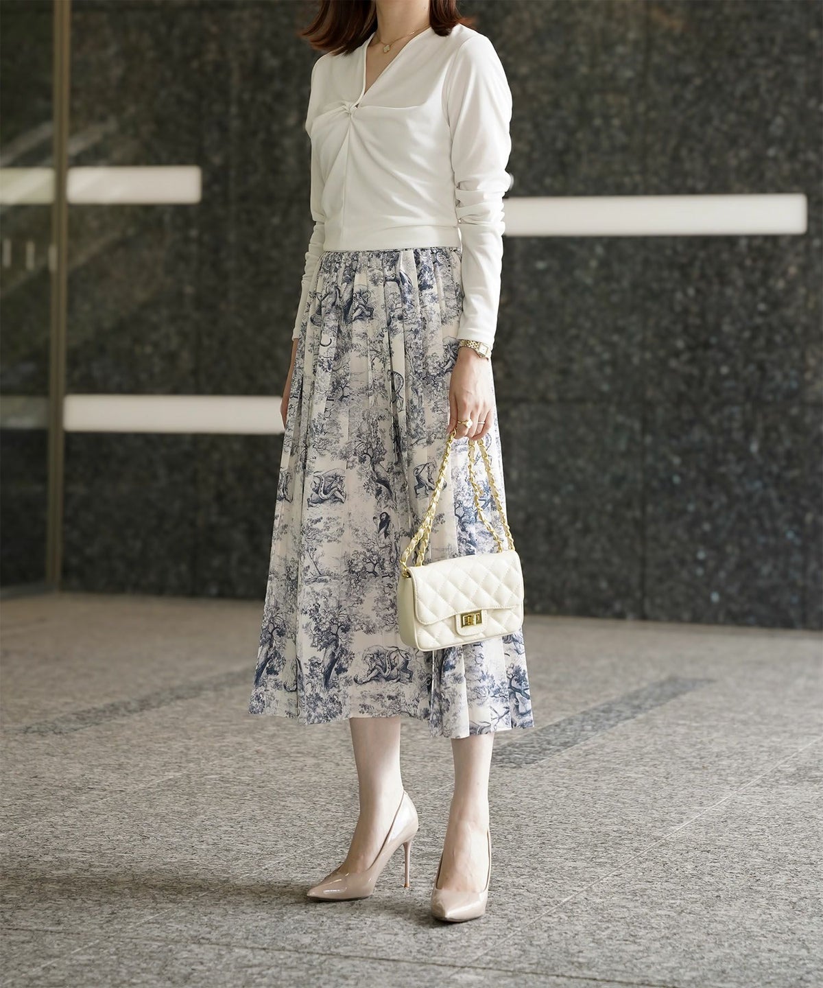 トワルドジュイ柄 プリーツ スカート レディース オールシーズン 総ゴム ミモレ丈 トワルドジュイ グレー/ネイビー/M