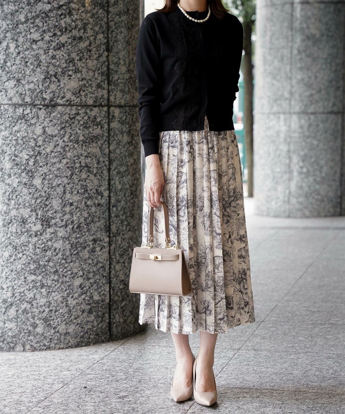 トワルドジュイ柄 プリーツ スカート レディース オールシーズン 総ゴム ミモレ丈 トワルドジュイ グレー/ネイビー/M