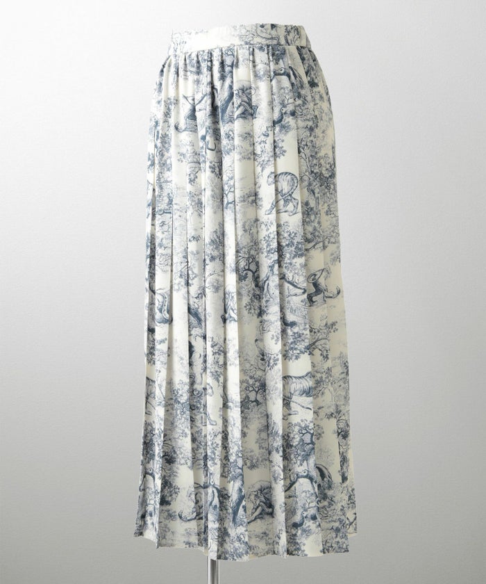 トワルドジュイ柄 プリーツ スカート レディース オールシーズン 総ゴム ミモレ丈 トワルドジュイ グレー/ネイビー/M