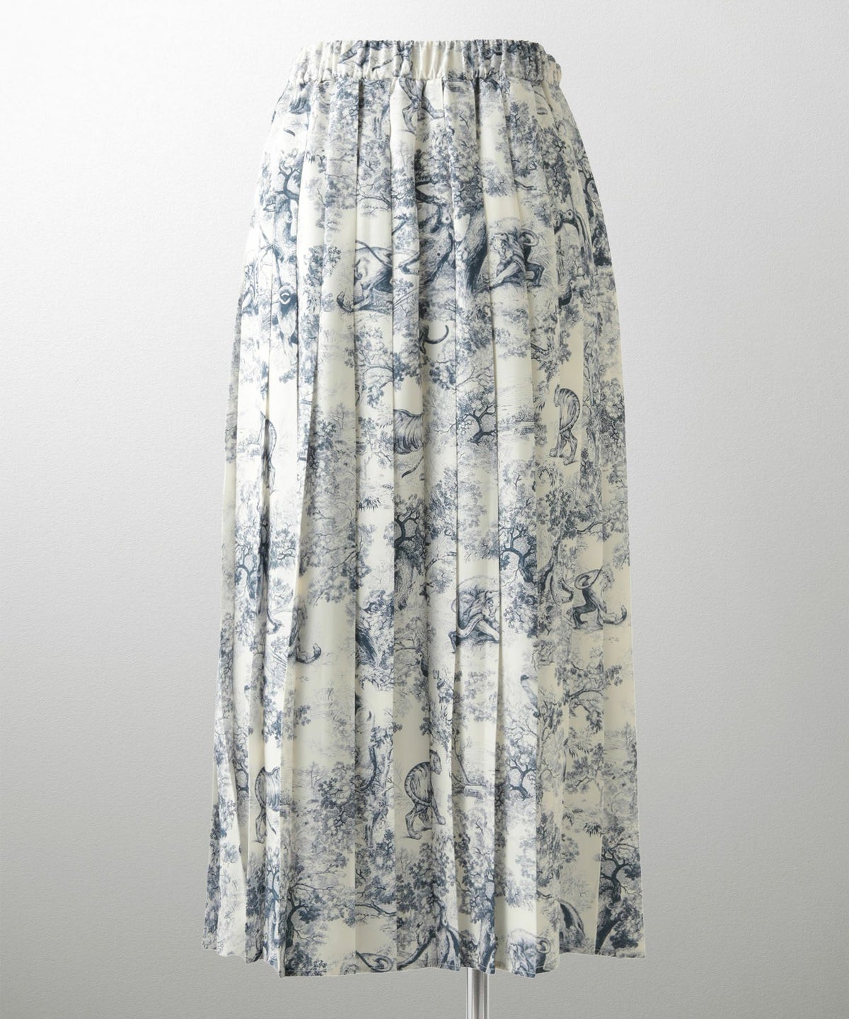 トワルドジュイ柄 プリーツ スカート レディース オールシーズン 総ゴム ミモレ丈 トワルドジュイ グレー/ネイビー/M