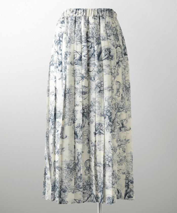 トワルドジュイ柄 プリーツ スカート レディース オールシーズン 総ゴム ミモレ丈 トワルドジュイ グレー/ネイビー/M