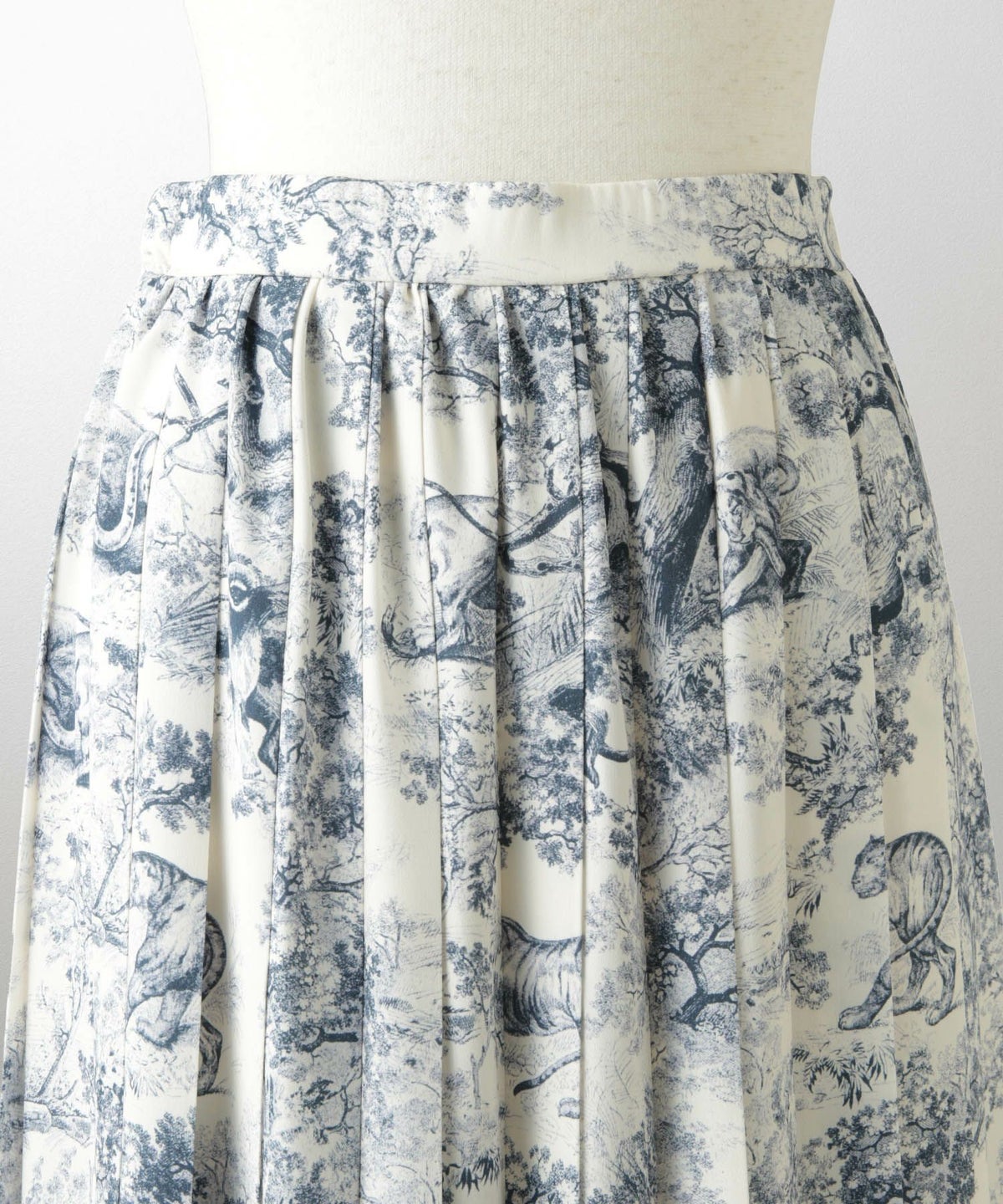 トワルドジュイ柄 プリーツ スカート レディース オールシーズン 総ゴム ミモレ丈 トワルドジュイ グレー/ネイビー/M