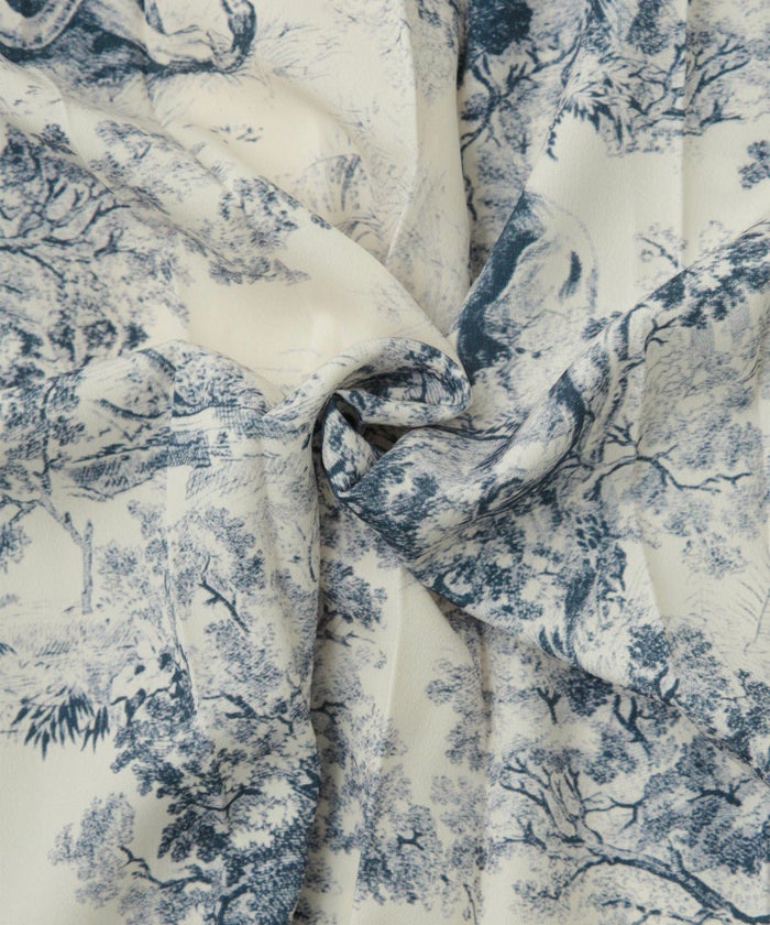 トワルドジュイ柄 プリーツ スカート レディース オールシーズン 総ゴム ミモレ丈 トワルドジュイ グレー/ネイビー/M