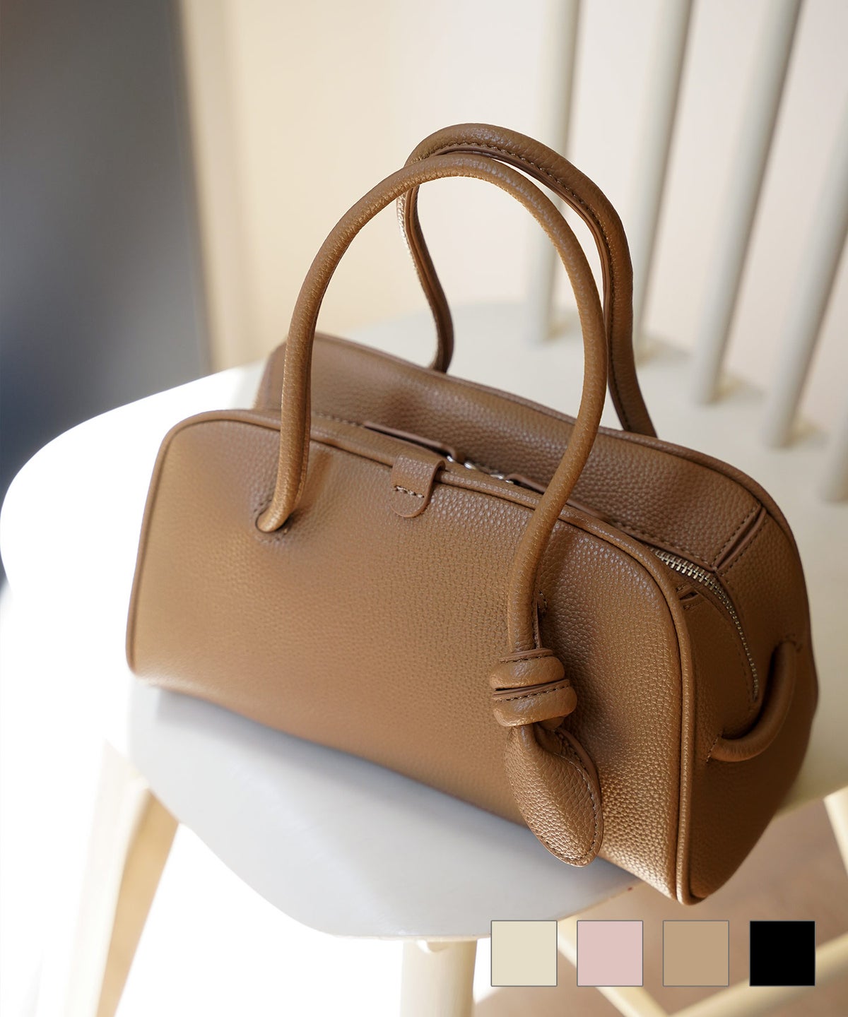 レディース バッグ きれいめ カジュアル ボストンバッグ 合皮 アイボリー ピンク ブラウン ブラック フリー タイハンドル ボストン バッグ HUIT