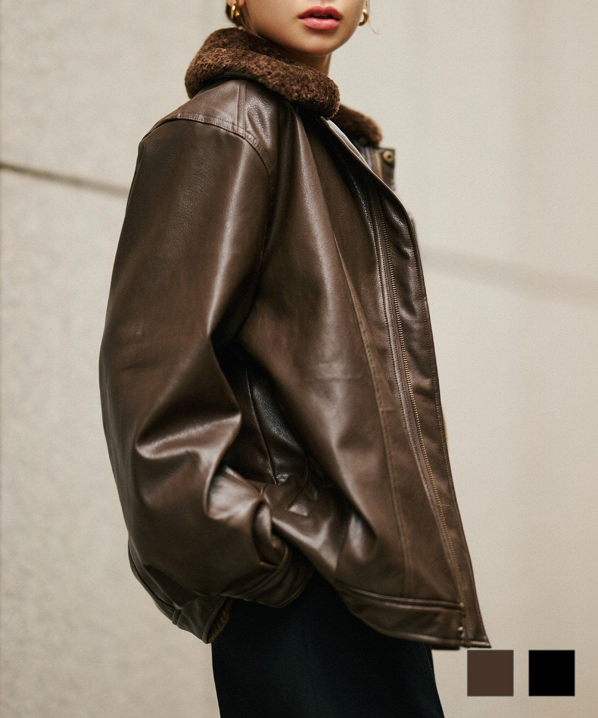 古着 ヴィンテージ ボア ライダース バイカーズブルゾン ユニセックス メンズライク ボーイッシュ 韓国風 綺麗め 細見え カジュアル KINO THE KEI ユニセックス 薄中綿 バイカーズ レザー ブルゾン KINO THE KEI