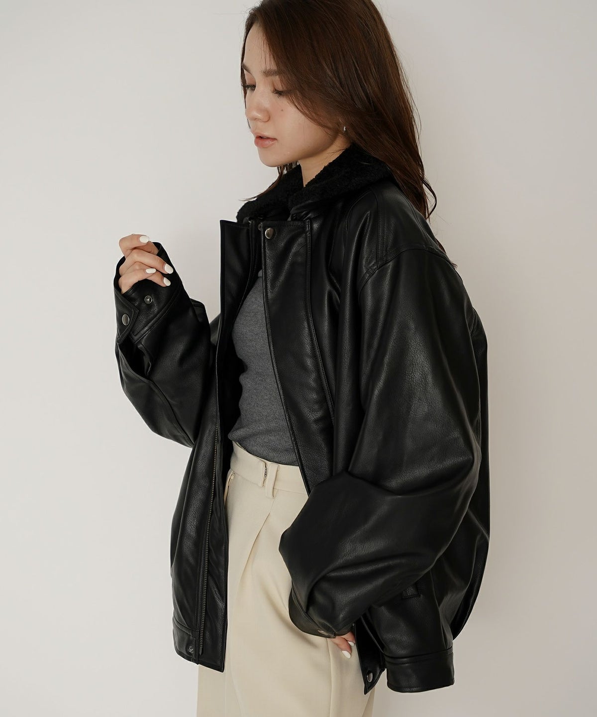 古着 ヴィンテージ ボア ライダース バイカーズブルゾン ユニセックス メンズライク ボーイッシュ 韓国風 綺麗め 細見え カジュアル KINO THE KEI