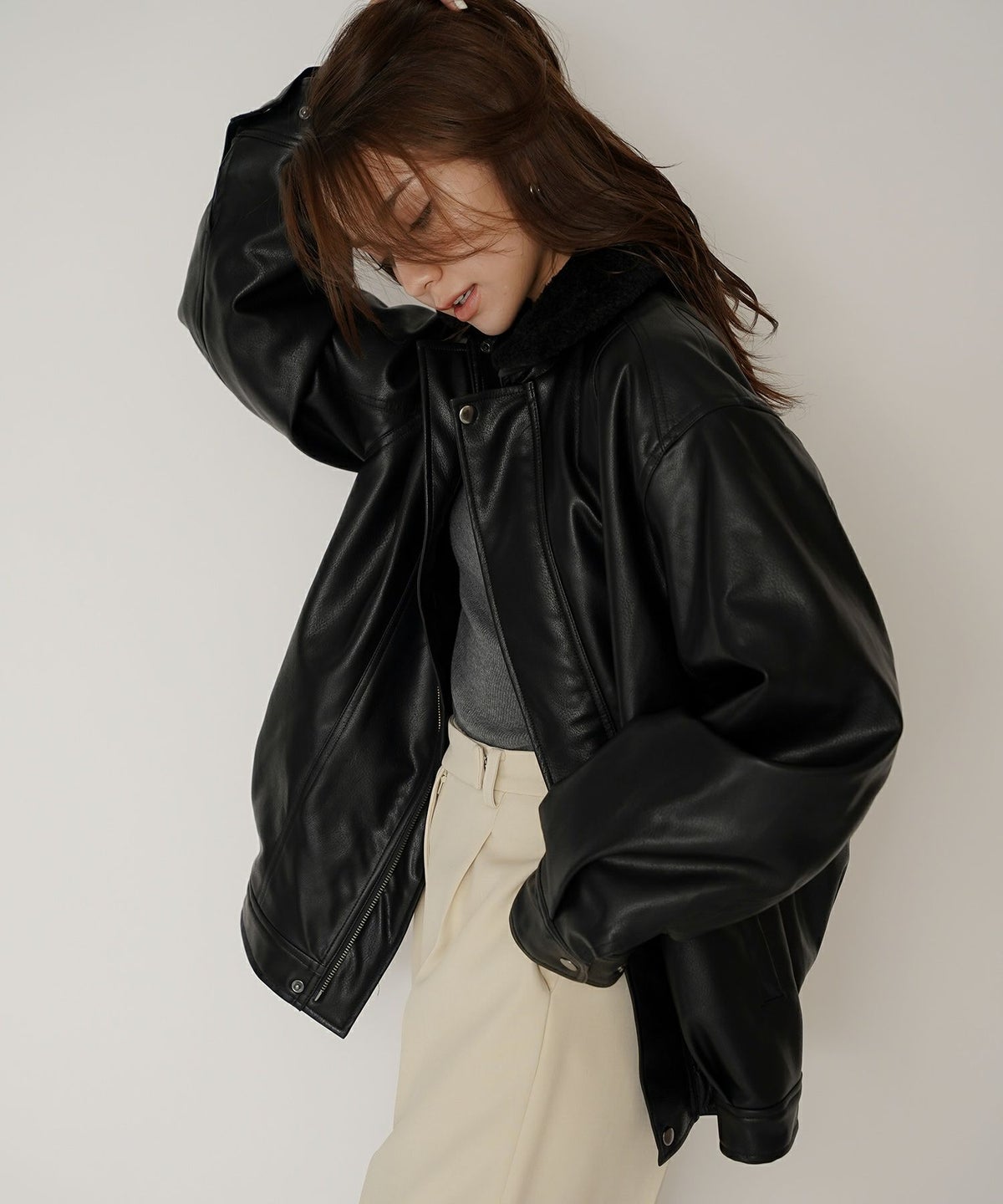 古着 ヴィンテージ ボア ライダース バイカーズブルゾン ユニセックス メンズライク ボーイッシュ 韓国風 綺麗め 細見え カジュアル KINO THE KEI