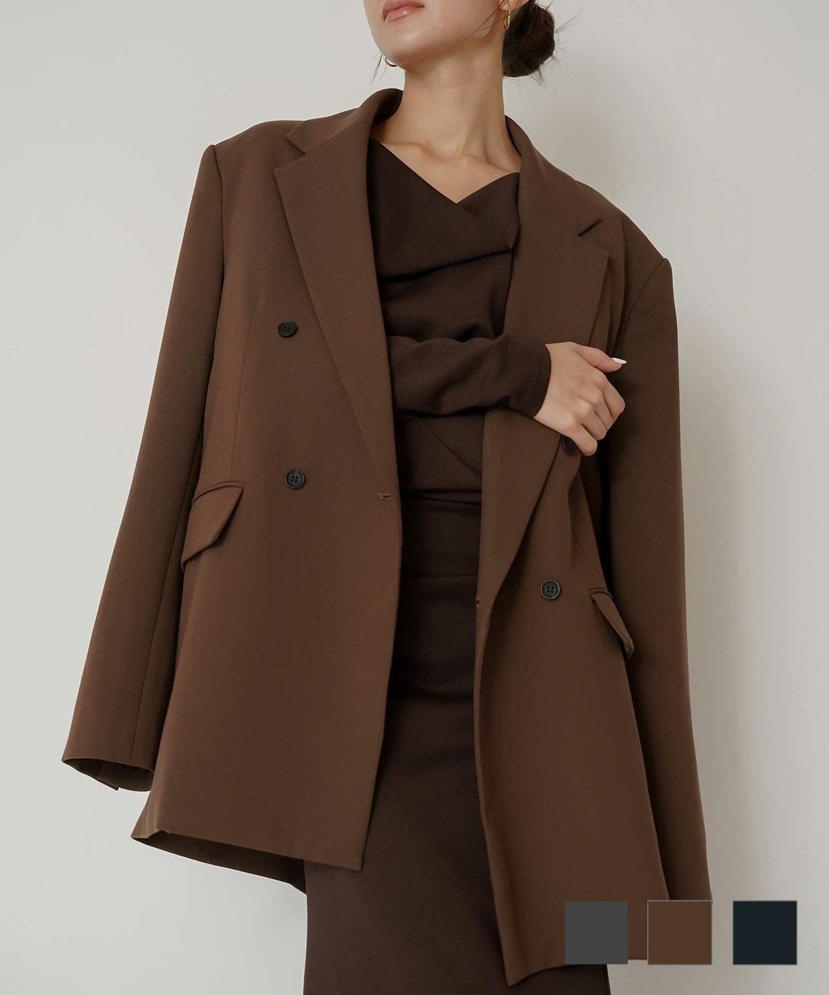 モード 肩幅 大きめ ブレザー アウター ビジネス 秋 韓国系 綺麗め 細見え カジュアル KINO THE KEI ダブル ジャケット コート KINO THE KEI