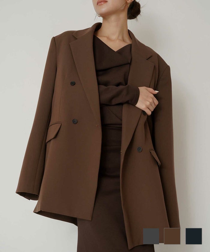 モード 肩幅 大きめ ブレザー アウター ビジネス 秋 韓国系 綺麗め 細見え カジュアル KINO THE KEI ダブル ジャケット コート KINO THE KEI