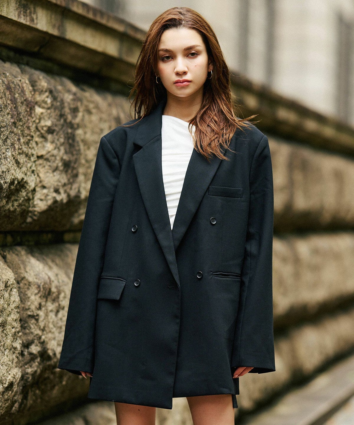 モード 肩幅 大きめ ブレザー アウター ビジネス 秋 韓国系 綺麗め 細見え カジュアル KINO THE KEI