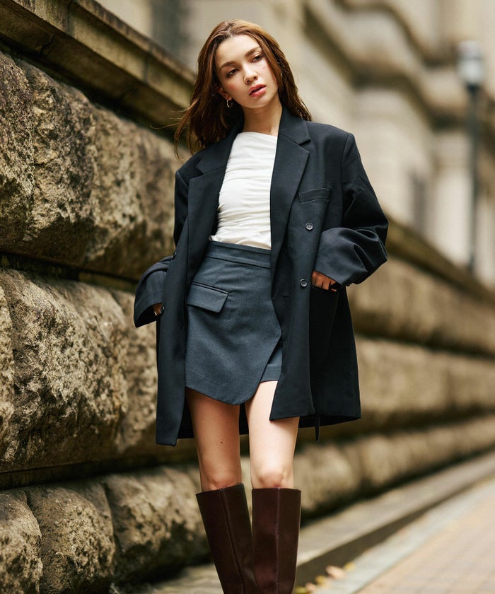 モード 肩幅 大きめ ブレザー アウター ビジネス 秋 韓国系 綺麗め 細見え カジュアル KINO THE KEI