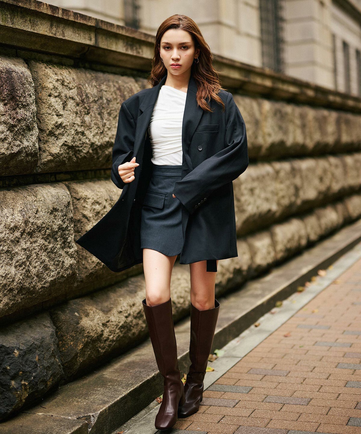 モード 肩幅 大きめ ブレザー アウター ビジネス 秋 韓国系 綺麗め 細見え カジュアル KINO THE KEI