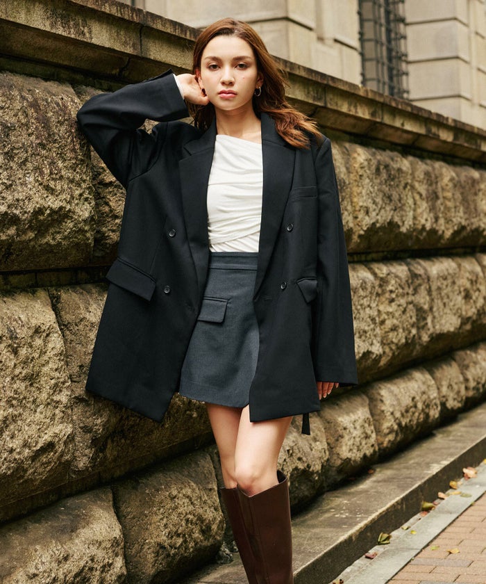 モード 肩幅 大きめ ブレザー アウター ビジネス 秋 韓国系 綺麗め 細見え カジュアル KINO THE KEI