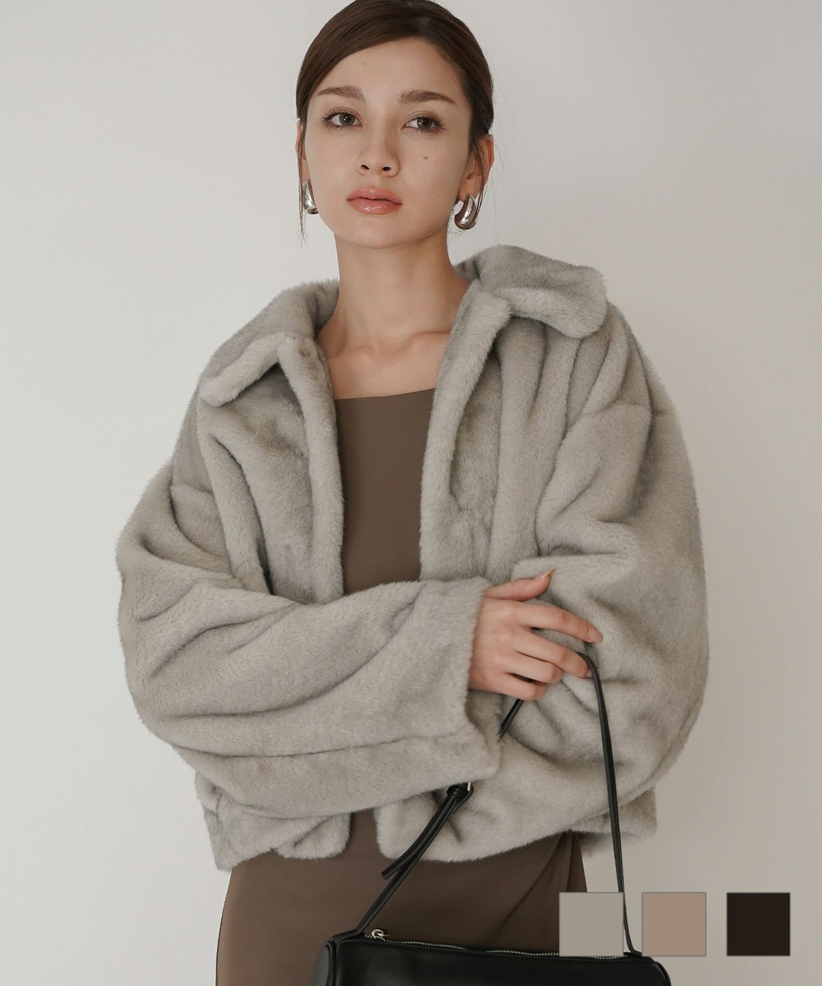 大人かわいい 上品 ディナー デート コンパクト クロップド丈 ファーコート 軽い 韓国風 綺麗め 細見え カジュアル KINO THE KEI ミンク エコ ファー ジャケット KINO THE KEI