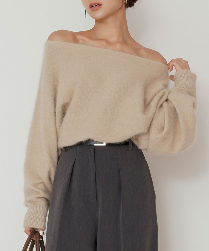 モヘア ラクーン オフショルニット ふんわりニット 女性らしい モテニット 韓国風 綺麗め 細見え カジュアル KINO THE KEI