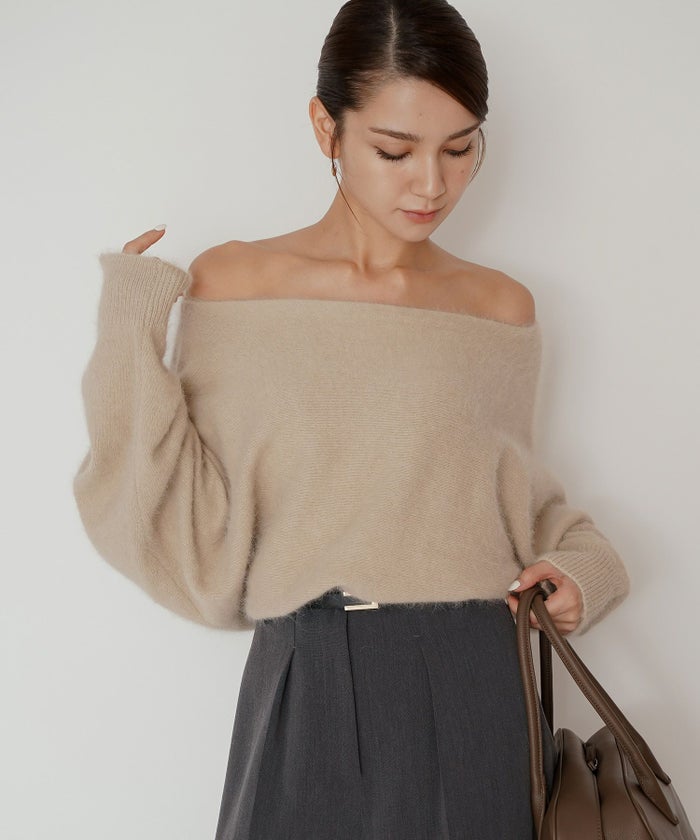 モヘア ラクーン オフショルニット ふんわりニット 女性らしい モテニット 韓国風 綺麗め 細見え カジュアル KINO THE KEI