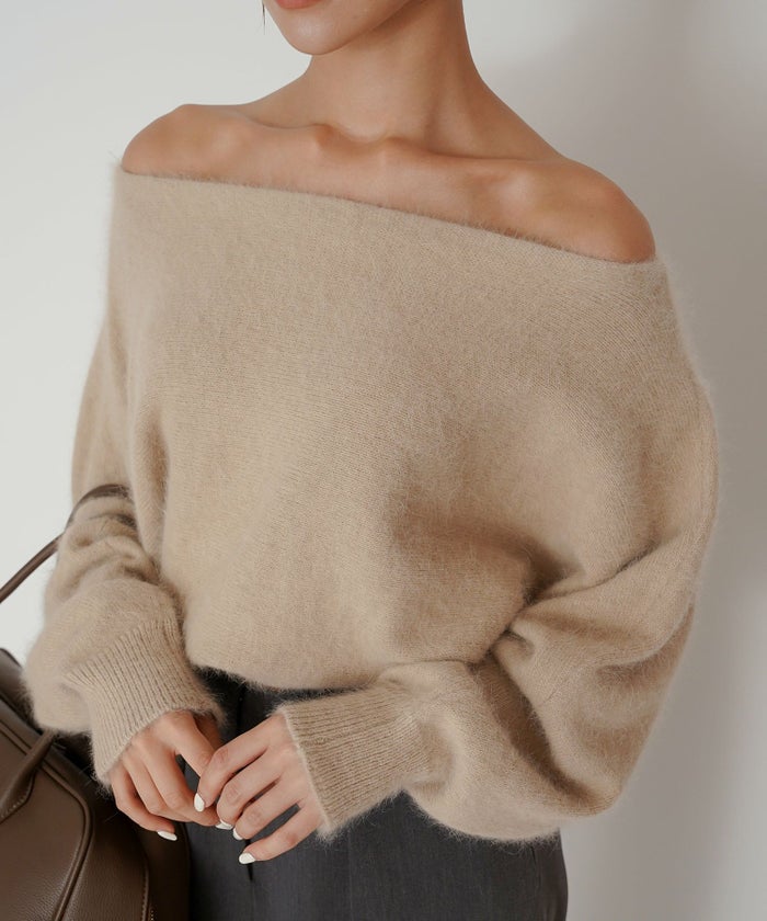 モヘア ラクーン オフショルニット ふんわりニット 女性らしい モテニット 韓国風 綺麗め 細見え カジュアル KINO THE KEI