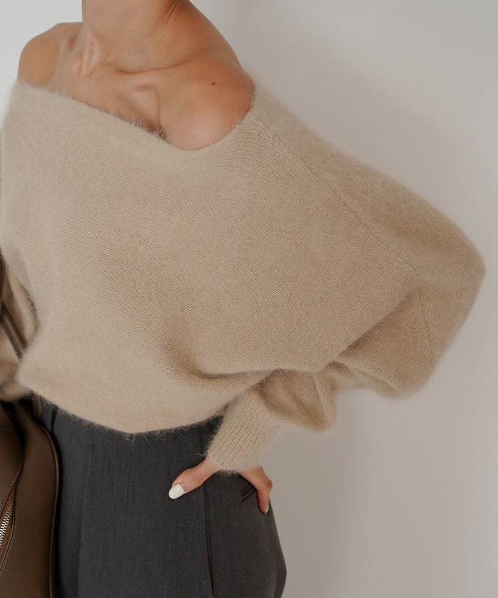 モヘア ラクーン オフショルニット ふんわりニット 女性らしい モテニット 韓国風 綺麗め 細見え カジュアル KINO THE KEI