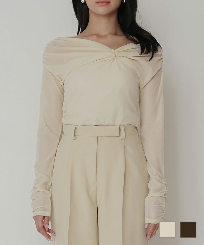 シアートップス レイヤード オフショルトップス ドレープ タイトトップス ベロア素材 韓国風 綺麗め 細見え カジュアル KINO THE KEI シアー ベロア ツイスト 3WAY トップス KINO THE KEI