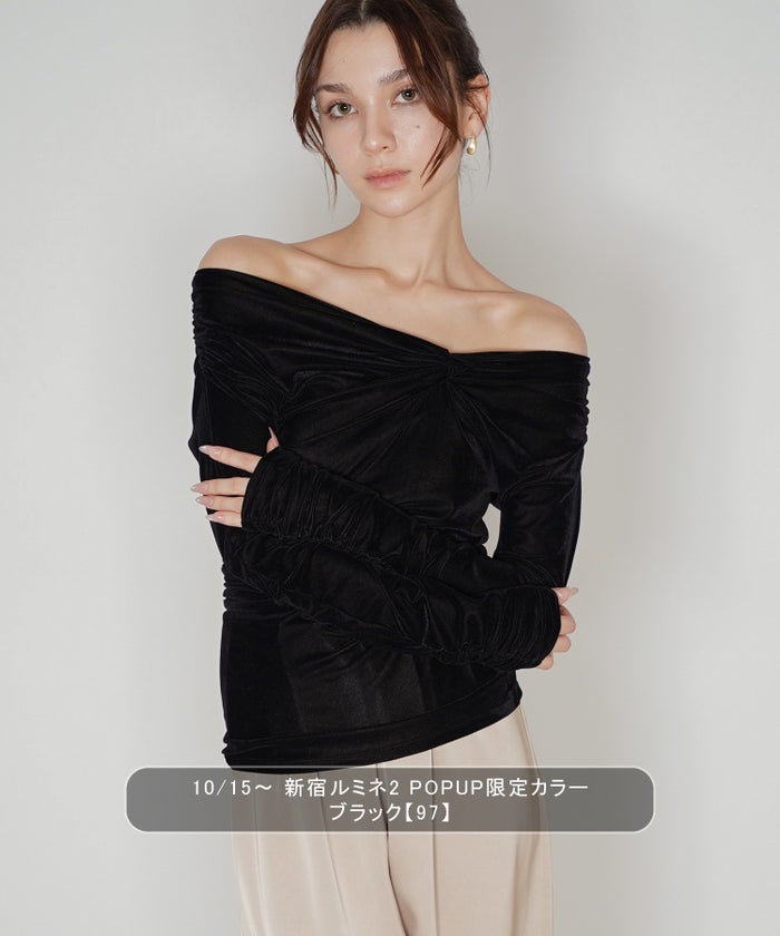 シアートップス レイヤード オフショルトップス ドレープ タイトトップス ベロア素材 韓国風 綺麗め 細見え カジュアル KINO THE KEI