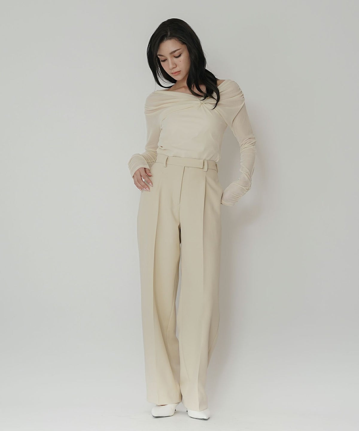 シアートップス レイヤード オフショルトップス ドレープ タイトトップス ベロア素材 韓国風 綺麗め 細見え カジュアル KINO THE KEI