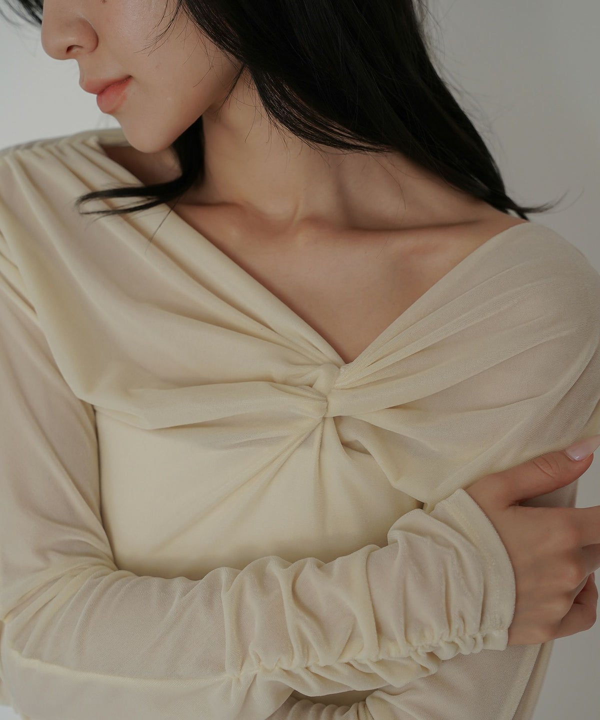 シアートップス レイヤード オフショルトップス ドレープ タイトトップス ベロア素材 韓国風 綺麗め 細見え カジュアル KINO THE KEI