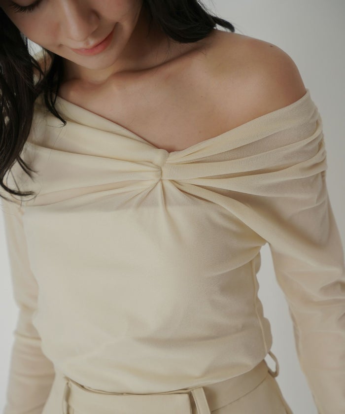 シアートップス レイヤード オフショルトップス ドレープ タイトトップス ベロア素材 韓国風 綺麗め 細見え カジュアル KINO THE KEI