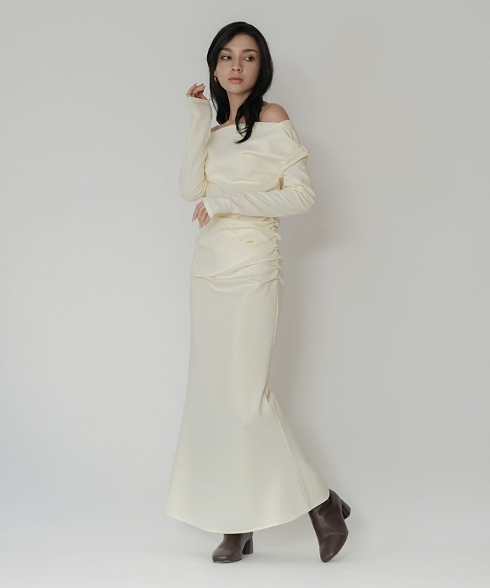 カットソー セットアップ オフショルトップス ドレープ タイトトップス 韓国風 綺麗め 細見え カジュアル KINO THE KEI