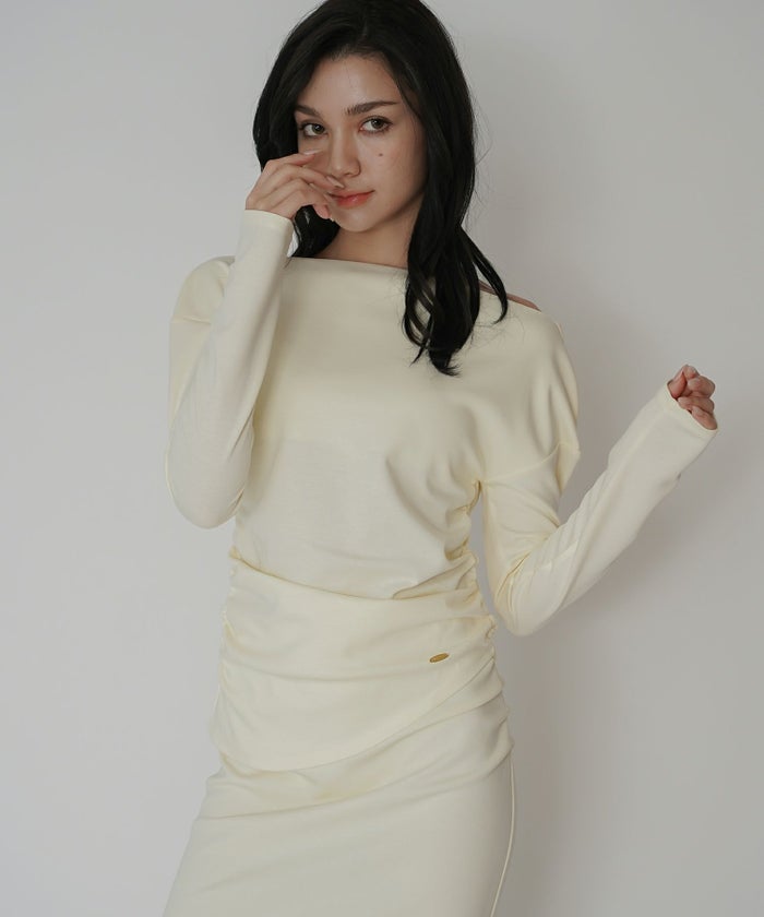 カットソー セットアップ オフショルトップス ドレープ タイトトップス 韓国風 綺麗め 細見え カジュアル KINO THE KEI