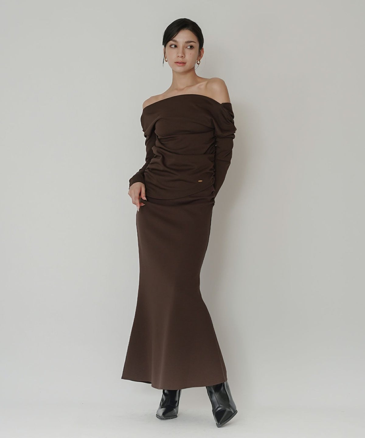 カットソー セットアップ オフショルトップス ドレープ タイトトップス 韓国風 綺麗め 細見え カジュアル KINO THE KEI