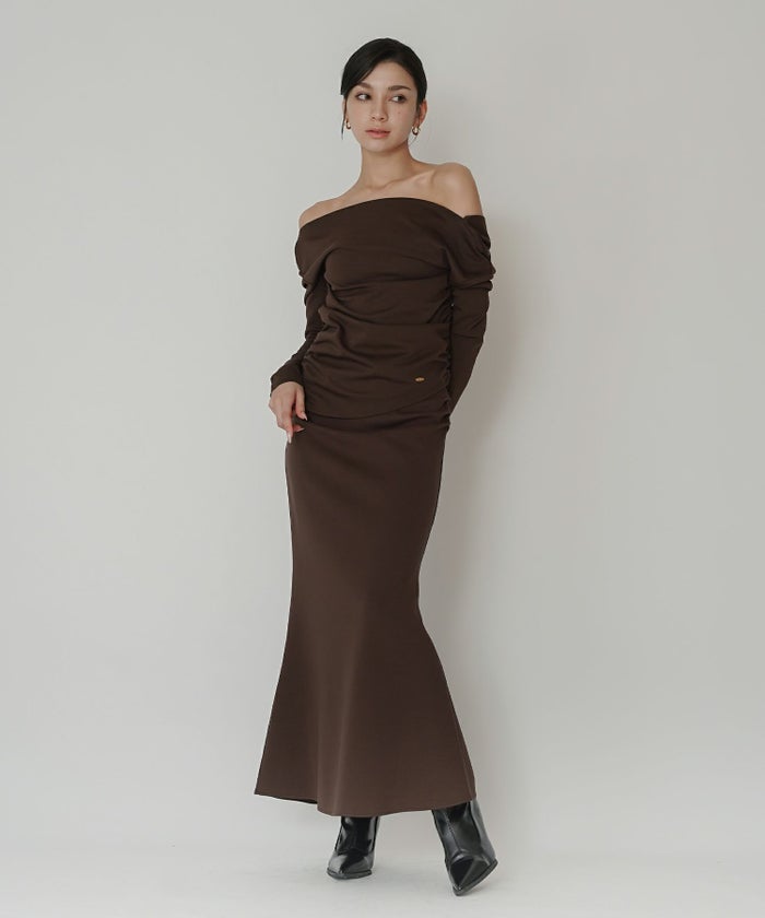 カットソー セットアップ オフショルトップス ドレープ タイトトップス 韓国風 綺麗め 細見え カジュアル KINO THE KEI