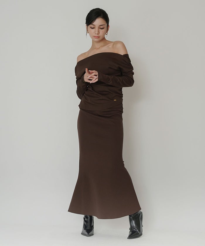 カットソー セットアップ オフショルトップス ドレープ タイトトップス 韓国風 綺麗め 細見え カジュアル KINO THE KEI