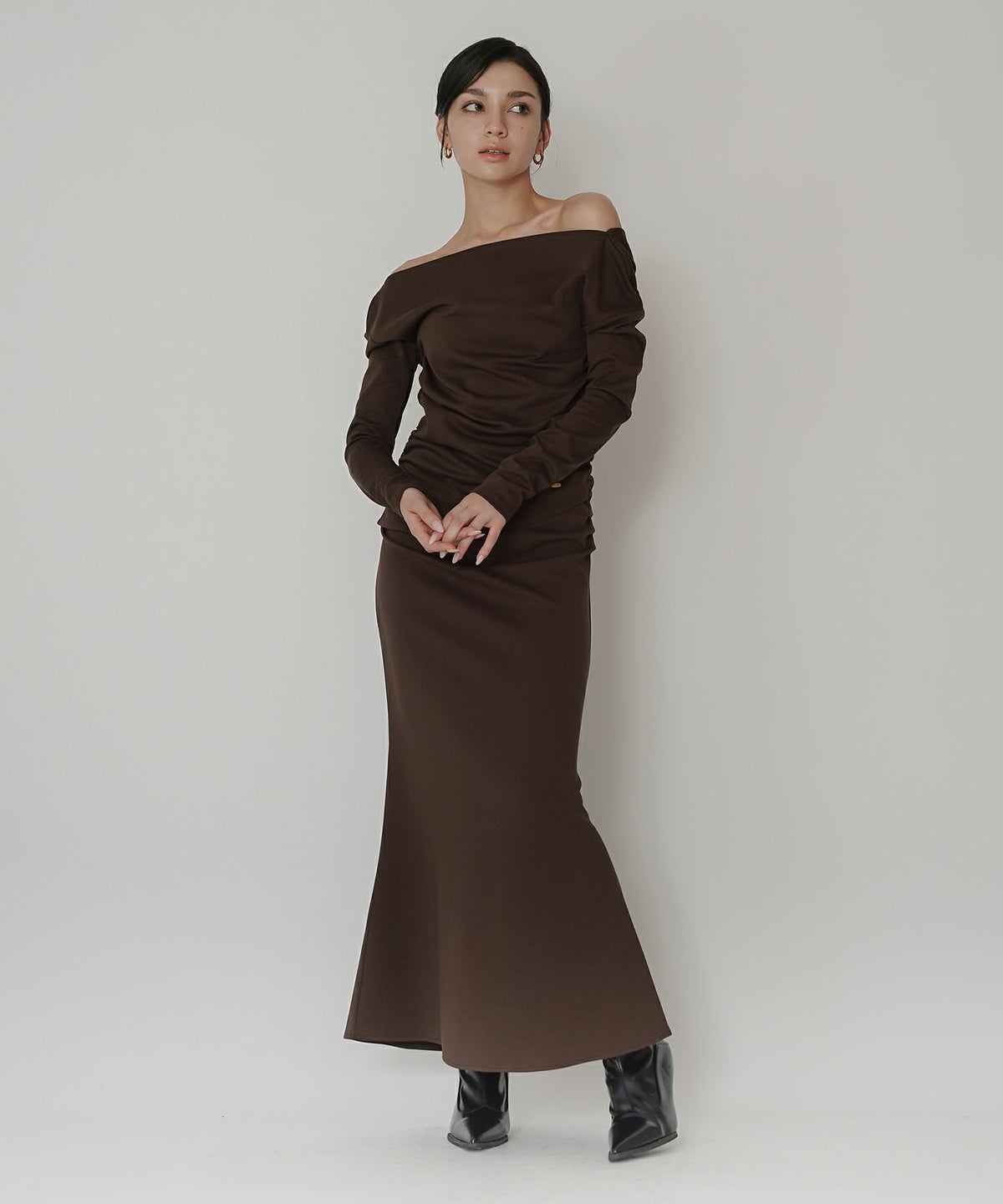 カットソー セットアップ マーメイドスカート ロングスカート ドレープ タイトスカート 韓国風 綺麗め 細見え カジュアル KINO THE KEI