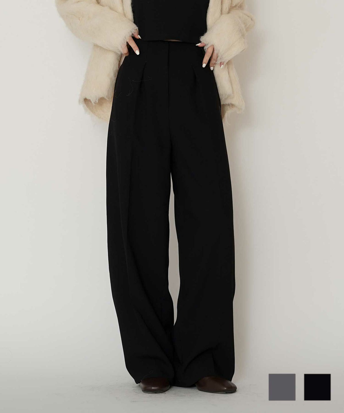 オフィス スラックス ワイドパンツ セミワイド フォーマル 万能 感動 着回し 韓国風 綺麗め 細見え カジュアル KINO THE KEI フロントタック ハイウエスト オーバルパンツ KINO THE KEI