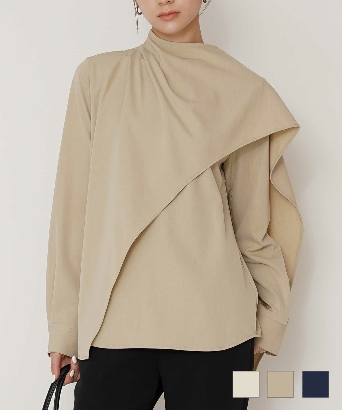 フレアシルエット お仕事 オフィス ディナー フォーマル ドレープ モード 変形シャツ  韓国風 綺麗め 細見え カジュアル KINO THE KEI ドレープネック ケープタイ ブラウス KINO THE KEI