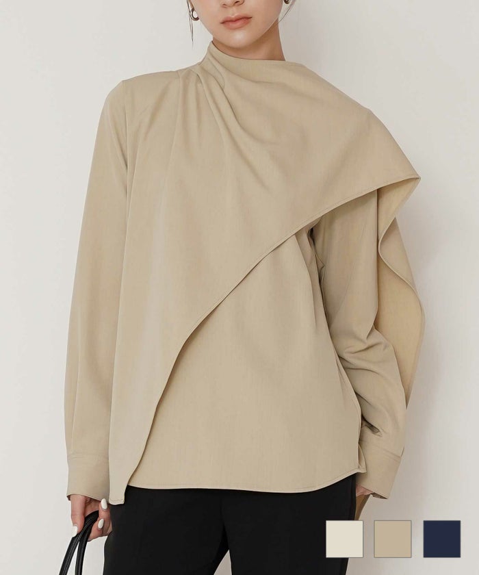 フレアシルエット お仕事 オフィス ディナー フォーマル ドレープ モード 変形シャツ  韓国風 綺麗め 細見え カジュアル KINO THE KEI ドレープネック ケープタイ ブラウス KINO THE KEI