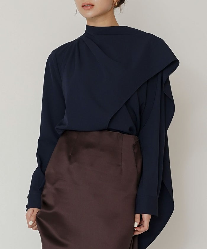 フレアシルエット お仕事 オフィス ディナー フォーマル ドレープ モード 変形シャツ  韓国風 綺麗め 細見え カジュアル KINO THE KEI