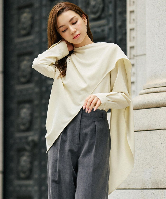 フレアシルエット お仕事 オフィス ディナー フォーマル ドレープ モード 変形シャツ  韓国風 綺麗め 細見え カジュアル KINO THE KEI