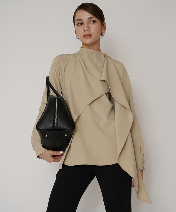 フレアシルエット お仕事 オフィス ディナー フォーマル ドレープ モード 変形シャツ  韓国風 綺麗め 細見え カジュアル KINO THE KEI